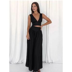 Commense Black Tie Knot V Neck Linen Cotton Maxi Skirt Set Size Small NEW